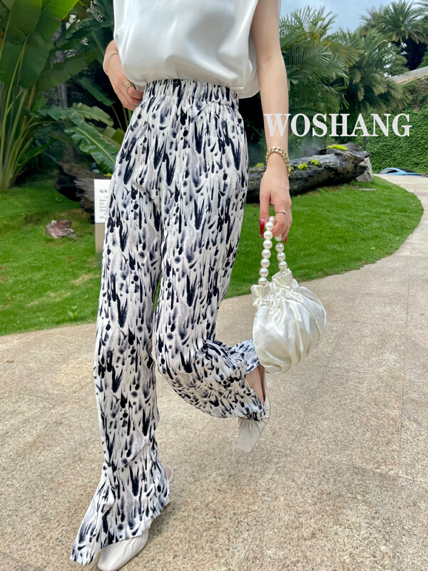 [woshang] ice silk tie dyed wide leg pants women's summer thin 2022 new high waist draped pleated pants straight Chiffon casual pants 1265# XYJ