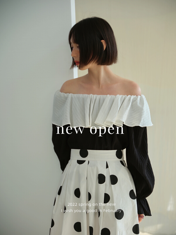 早春上新!【NEW OPEN】一字肩上衣荷葉邊拼接長袖小衫  JY22038#  ZXL