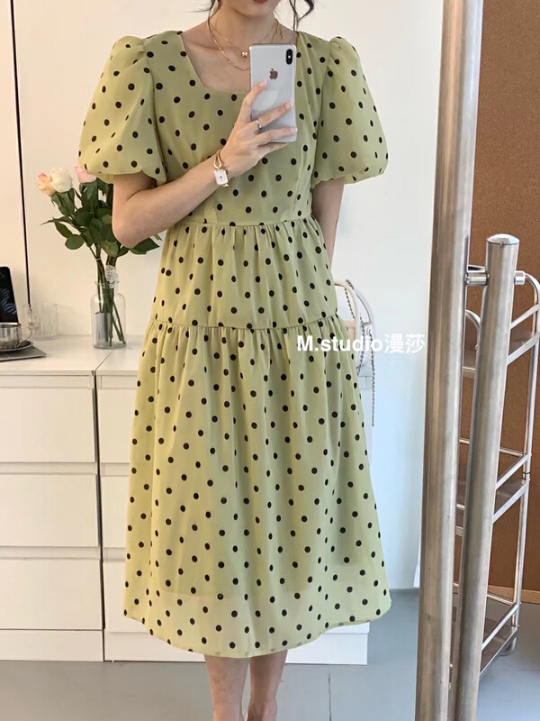 [MSTUDIO MANSA] Han Xibo dot square neck bubble sleeve dress 6632# ll