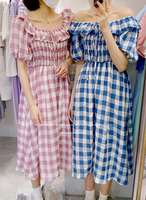 [teem ing] fashion temperament checkered off shoulder dress 22t221# hjy