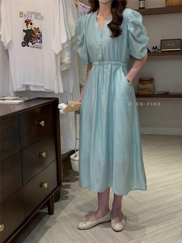 [OK fine] gentle style V-neck bubble sleeve waist closing dress 3021# zjy