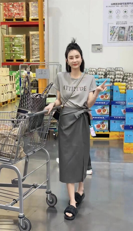 [QIANJIAO] Korean Pullover letter short sleeve T-shirt + high waist slim skirt set 6915# PCZ