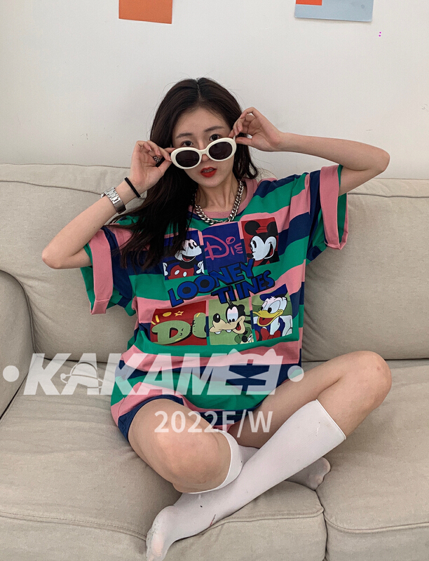 [kakamee] Korean stripe Mickey family cartoon loose lazy style short sleeve T-shirt 3987# LSL