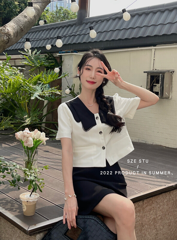 goods in stock! New in early summer! [Sze] single breasted blouse + solid Korean skirt set 90393# zxx