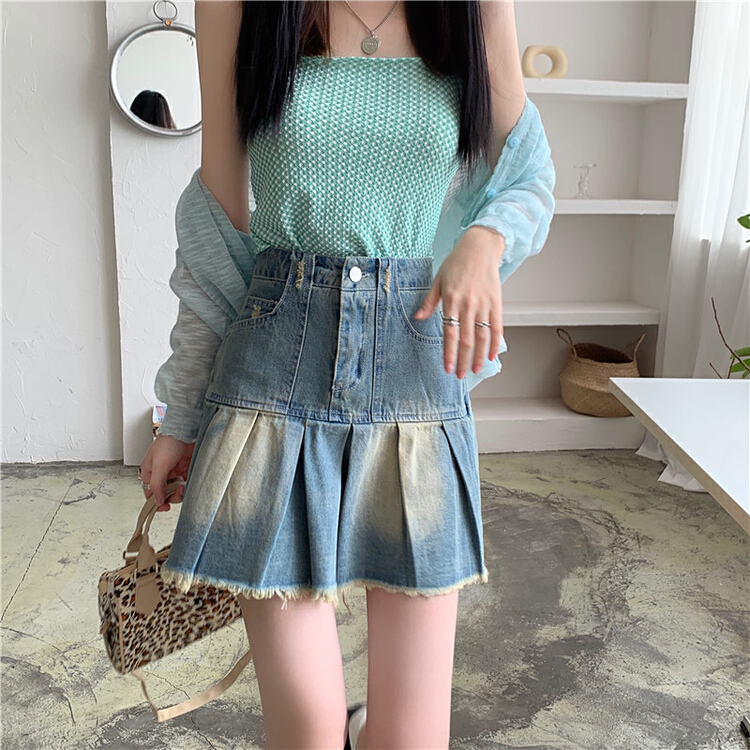New year in early spring! [timely rain] Han Feng ins retro a word high waist thin pleated skirt denim skirt f1027# jhy