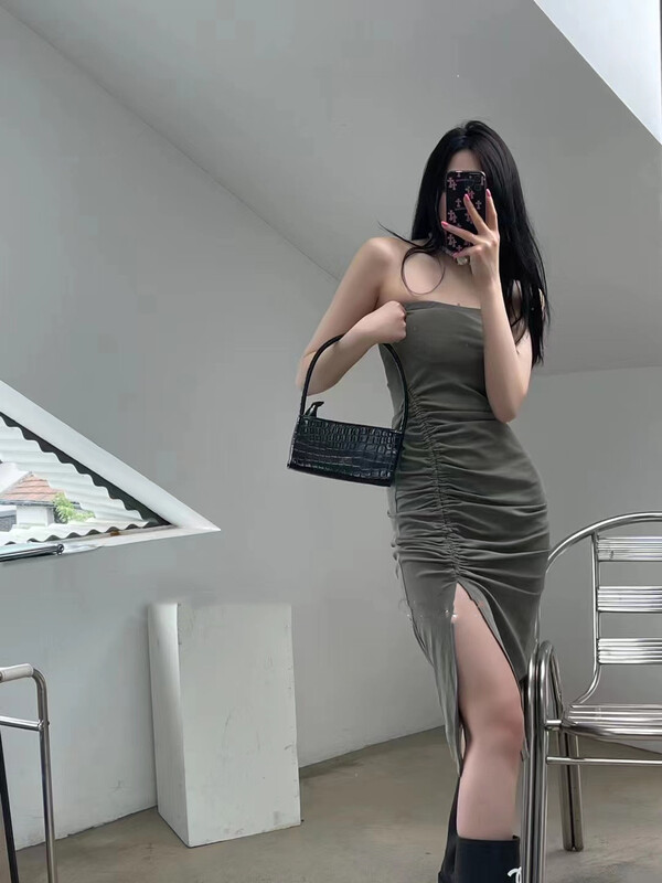 [toko. Z] temperament pleated slim fit strapless dress 22128# cqw