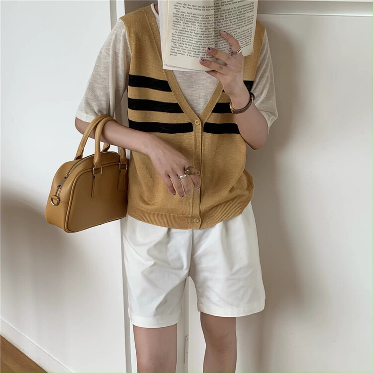 goods in stock! New in early summer! [da. C] Korean personalized stripe fake two-piece knitted cardigan 8039# CSX