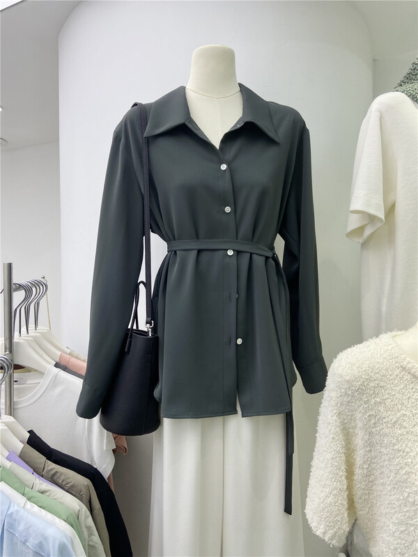 [Jasmine] Korean style retro versatile breasted casual shirt (with belt) 5020# CLS