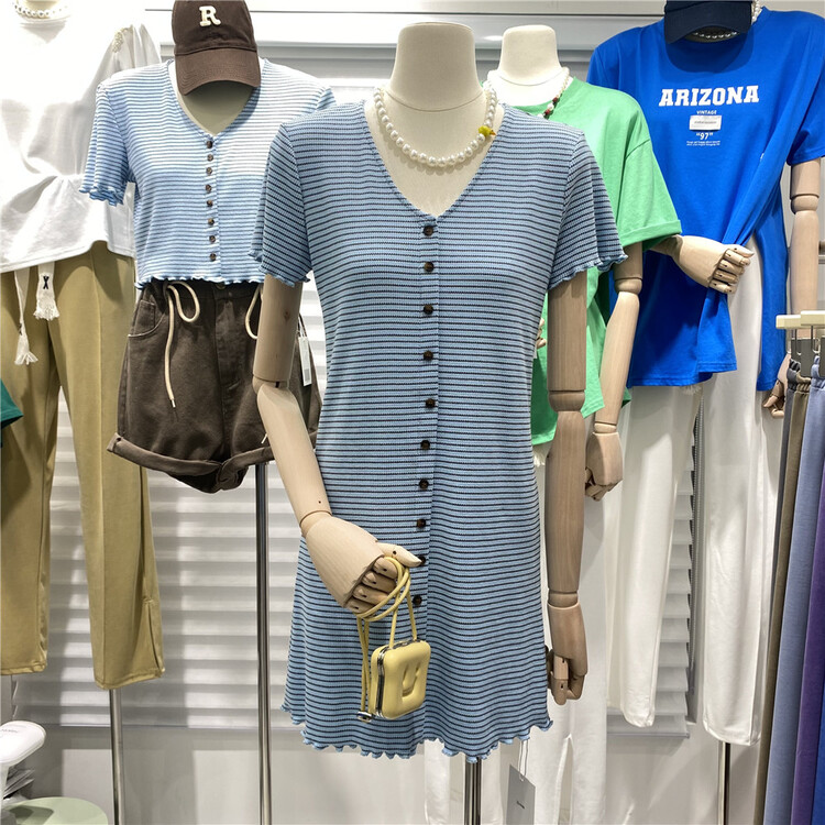[JJ. Com] V-neck stripe fashion dress (excluding necklace) 8811# LSW