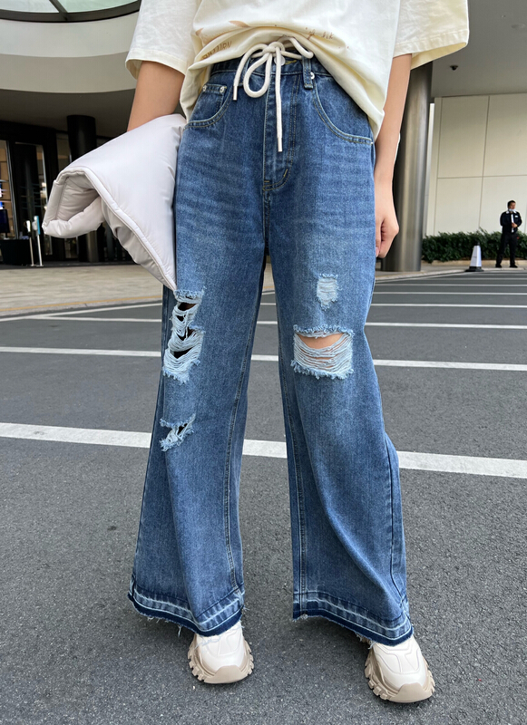 New year in early spring! [Bu class] Vintage baggy ripped jeans (with waist rope) t1416# zxl