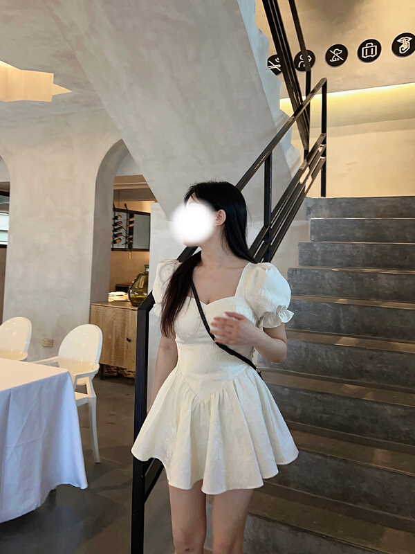[X.C] Vintage square neck bandage bubble sleeve dress 501# WPL
