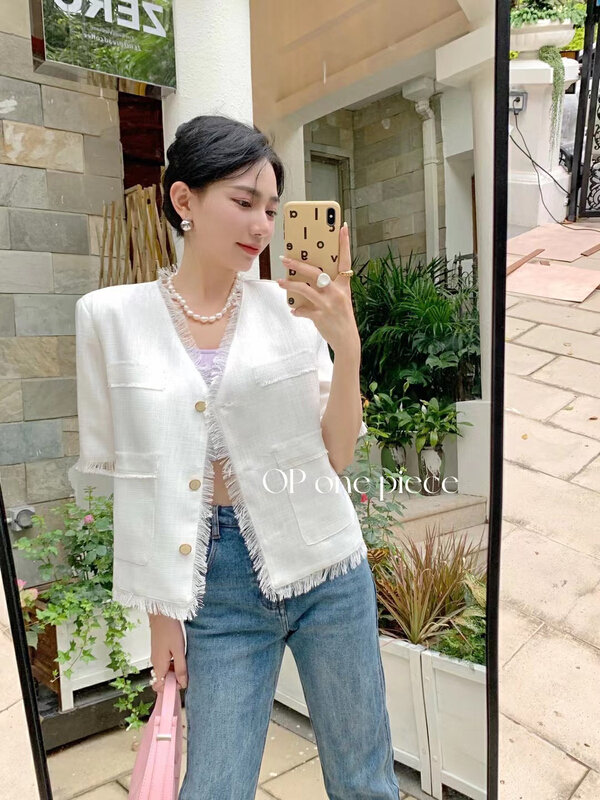 [OP one piece] Korean style small fragrance thin V-neck short sleeve jacket op60051# hjy