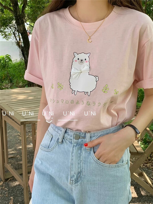 [Momo] cartoon print versatile short sleeve T-shirt 3878# HBx
