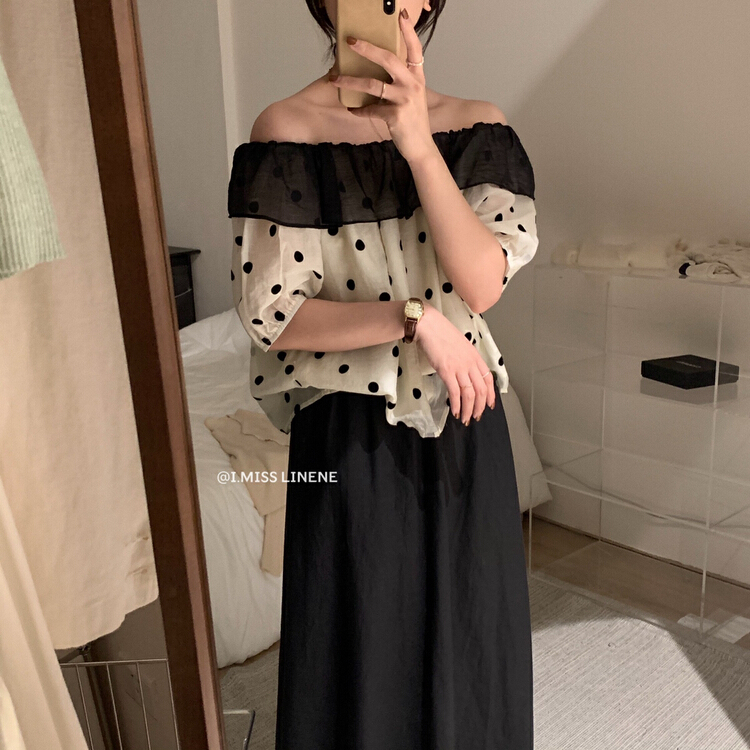 [Imiss] Korean version gentle temperament contrast color wave point one shoulder shirt cx6315# LSW
