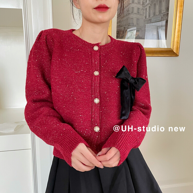 Original price 89.11! New year in early spring! [uh] Korean Sequin velvet bow knit cardigan (without Brooch) ys1-7207# hjy