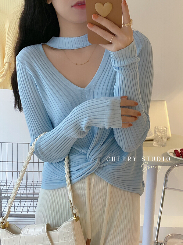 現貨!早春上新!【CHERRY STUDIO】小心機露鎖骨針織衫  5012#  HBX