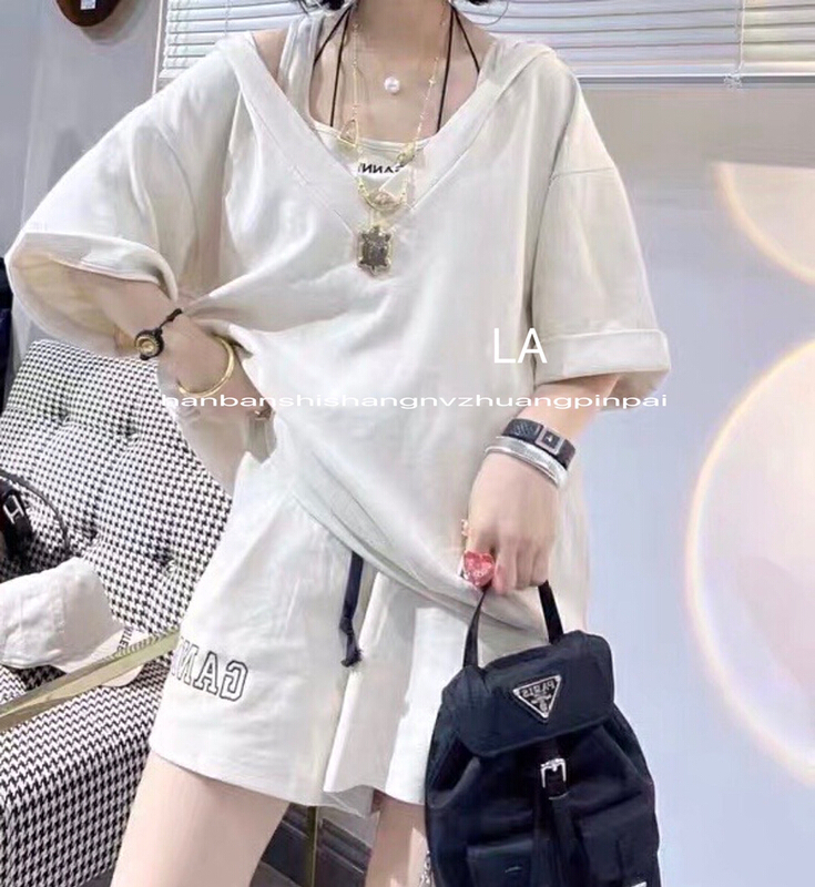 [laqssy] hooded loose short sleeve + versatile Vest + elastic waist casual Shorts Set 8977# LSL