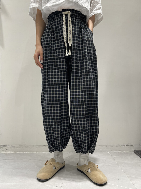 [original by hnhl] Korean fashion loose leg Plaid casual pants 56876# L