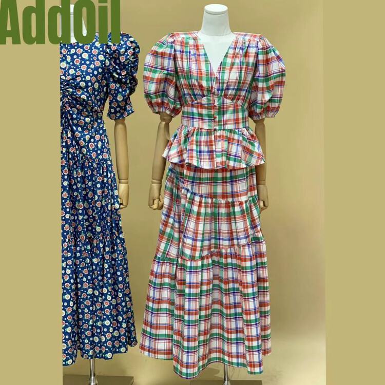 [addoil] bubble sleeve temperament blouse + checkered slim skirt suit 8835# zxl