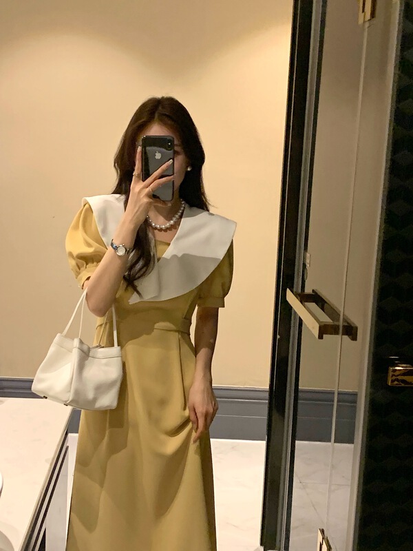 goods in stock! New in early summer! [ay studio] Korean color contrast large lapel waist closing dress 66805# zxx