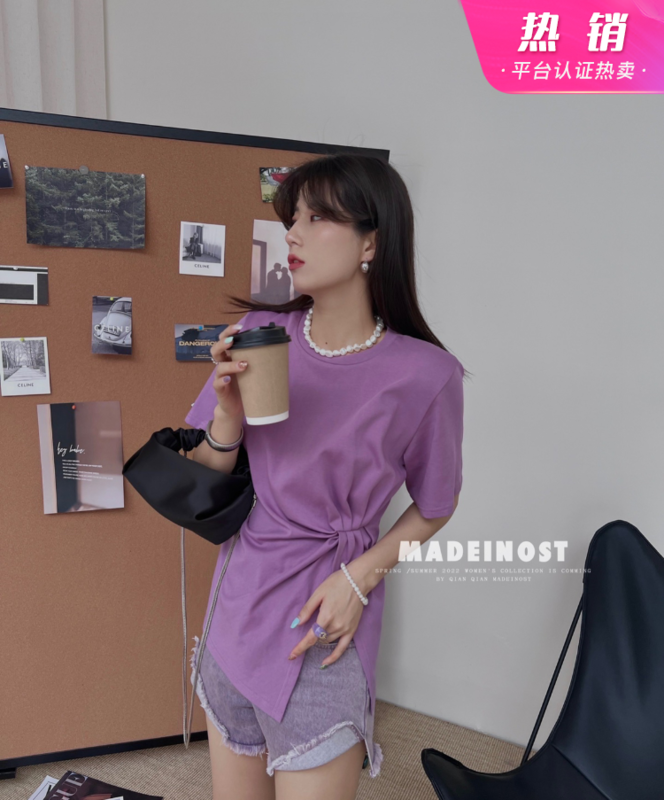 初夏上新!【歐莎MADEINOST】腰部設計感開叉短袖T恤  86215#  LL