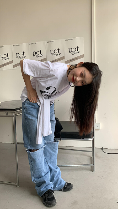 [9hour] straight baggy jeans with holes (with detachable HEMS) 30316# zxl