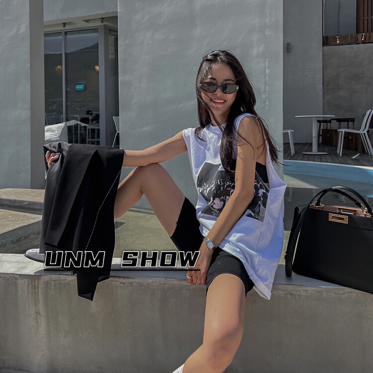 [unm-show] Korean loose round neck printed vest / sling 6240# WTT