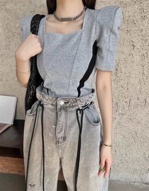 goods in stock! [e.su] personalized color blocking design shoulder pad short sleeve T-shirt 3757# lwy