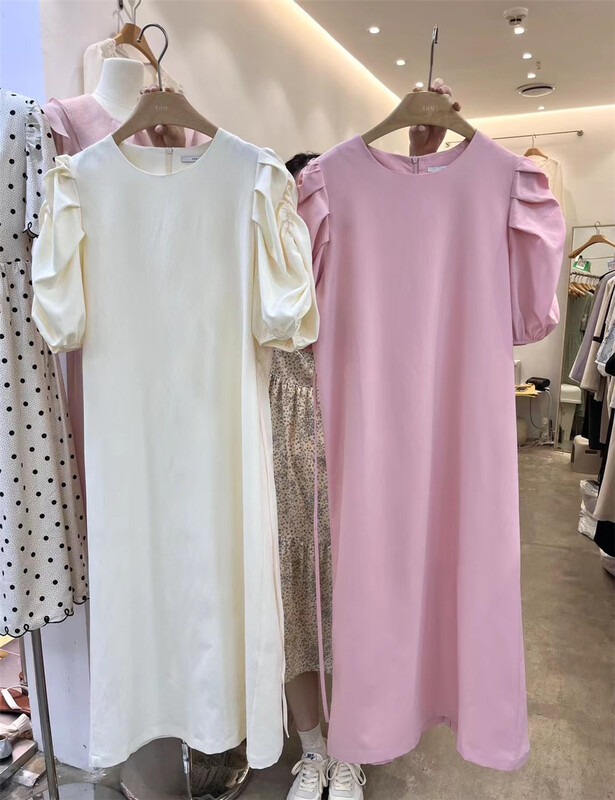 [xhm] Korean style round neck bubble sleeve temperament dress s2018# zjy