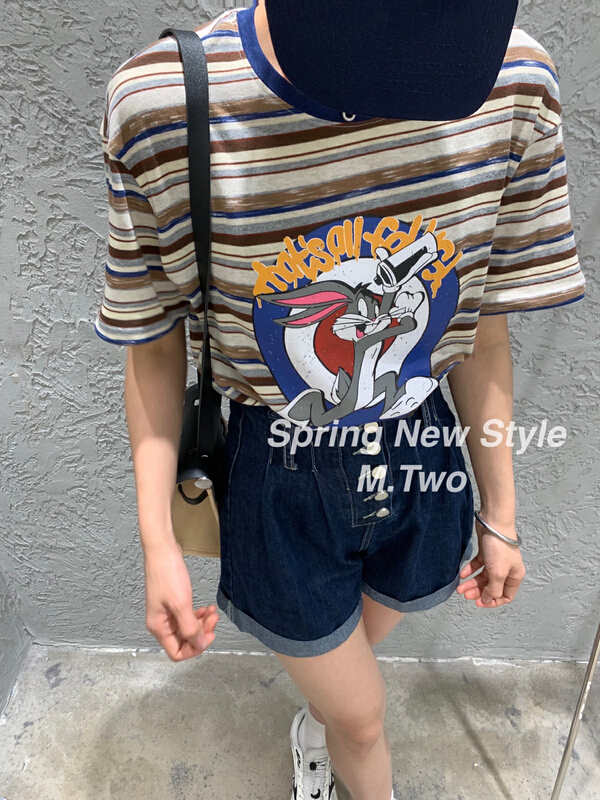 【M.TWO】個性條紋兔八哥圖案休閒短袖T恤  7821#  HYY