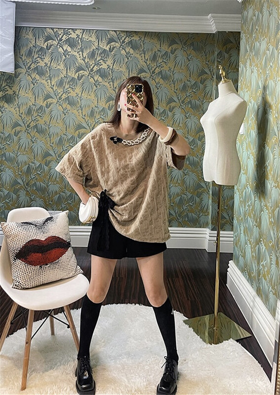 [Tan] Korean studded bow round neck T-shirt t3519# zxx