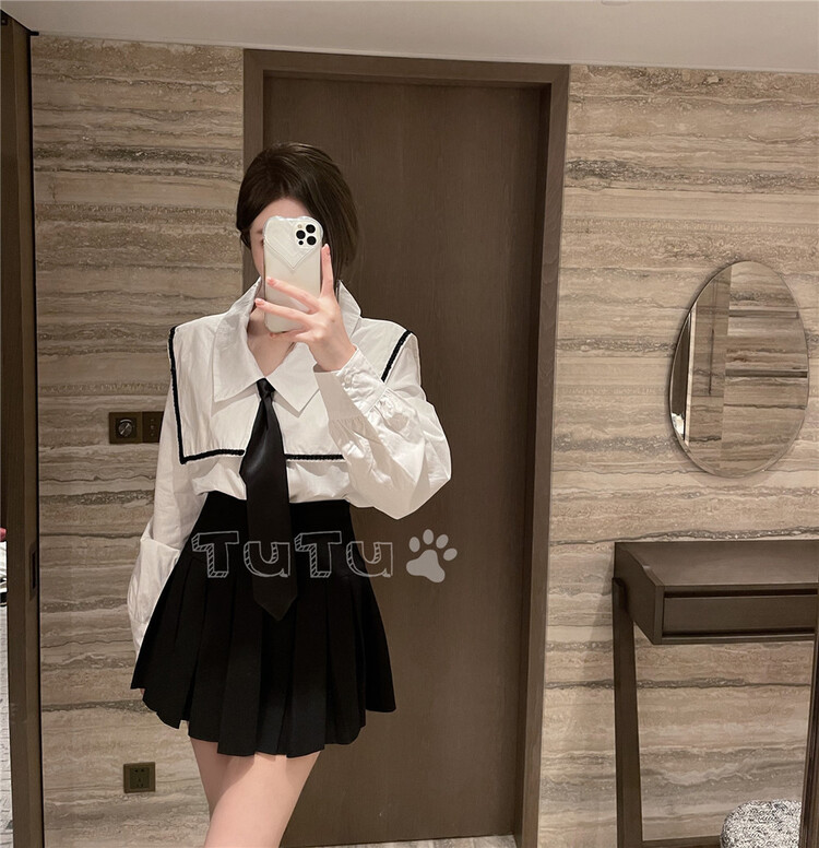 [Tutu] Korean version loose shirt with contrast edge design (with tie) 99311# cqw