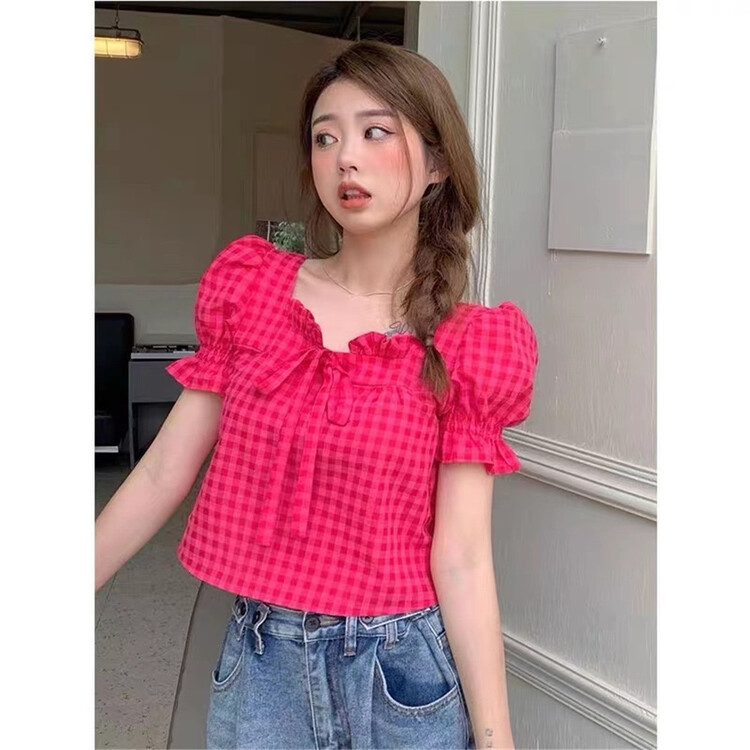New in early summer! [Korean C family] Korean style square neck check sweet little shirt 9122# PCZ