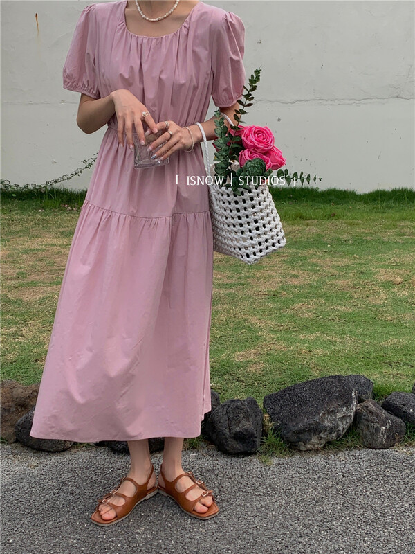 [I snow] French round neck bubble sleeve waist length skirt dress 212527# WPL
