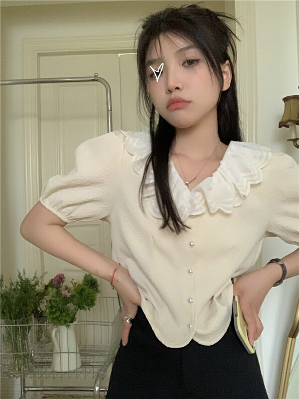 goods in stock! New in early summer! [timely rain] Han Feng ins sweet and versatile French doll neck bubble sleeve short sleeve shirt 28859# WPL