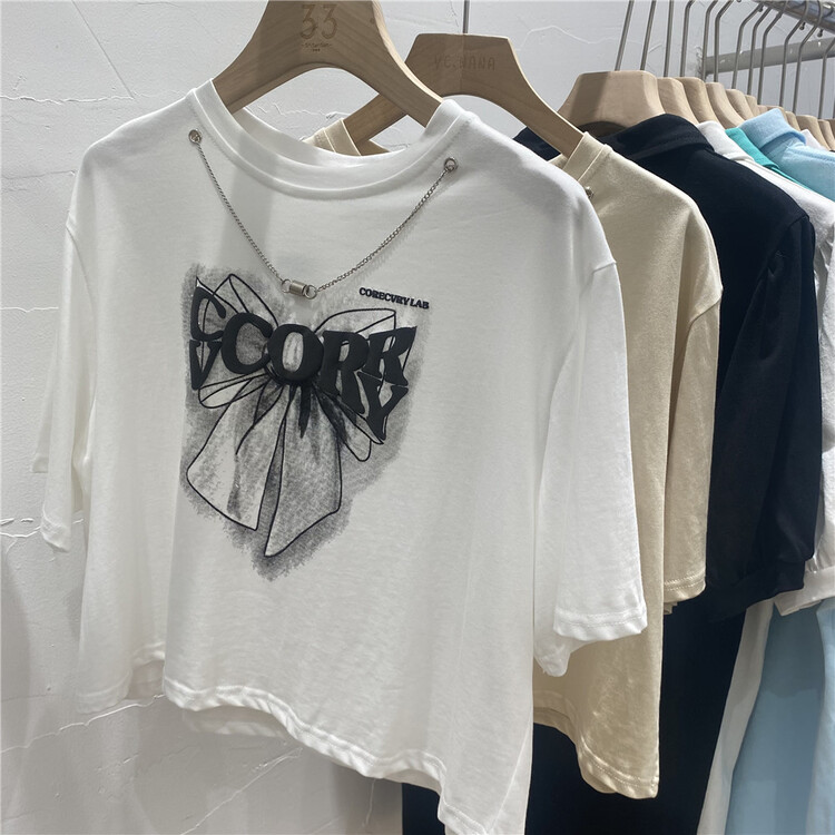 [ycnana] design sense vintage fashion short sleeve T-shirt (removable with decoration) 98079# LSW