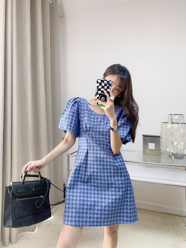 New in early summer! [Vanessa] foreign style thousand bird check bubble sleeve denim dress 6133# ozq