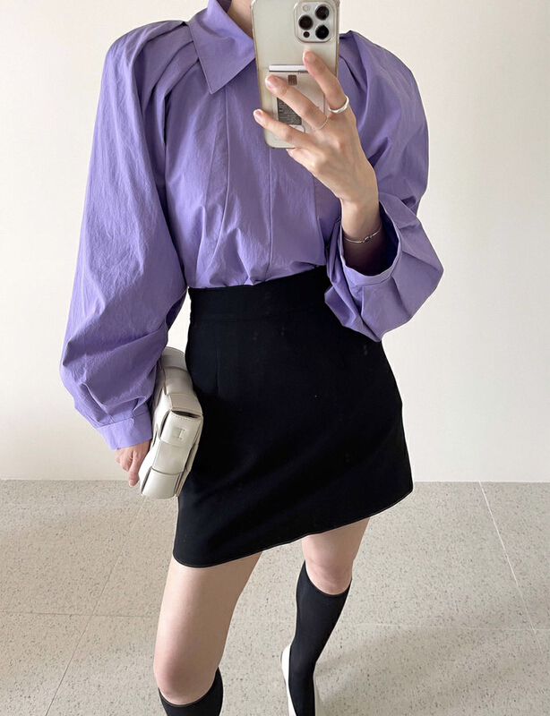 goods in stock! New year in early spring! [savage] Korean version foreign style solid color Lapel zipper bubble sleeve temperament shirt e5923# jhy