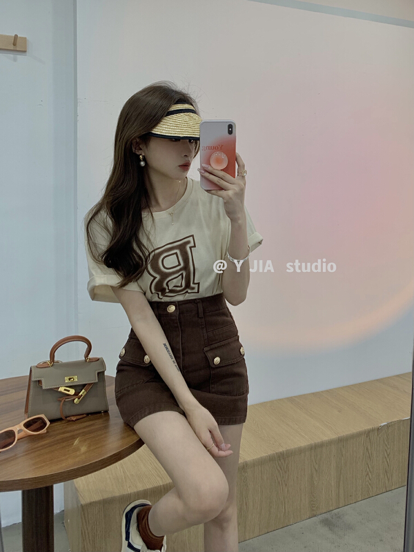[y.jia Yijia] loose letter printed short sleeve + sexy Spice Girl Skirt Set 6722# PCZ
