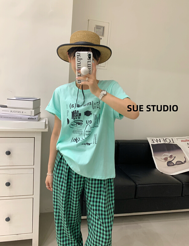 [Sue studio] Korean print backless short sleeve T-shirt n55518# zjy