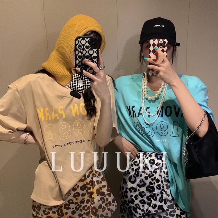 Original price 62.04! New in early summer! [luuki] casual V-neck letter printed detachable short sleeve T-shirt 23053# ozq