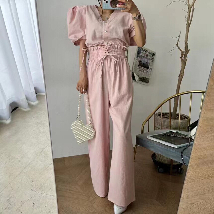 [31 fashion] Korean style bubble sleeve sweet blouse + slim casual pants set 2152# hjy