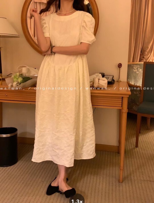[wanwan] round neck small fresh bubble sleeve dress 1716# HBx