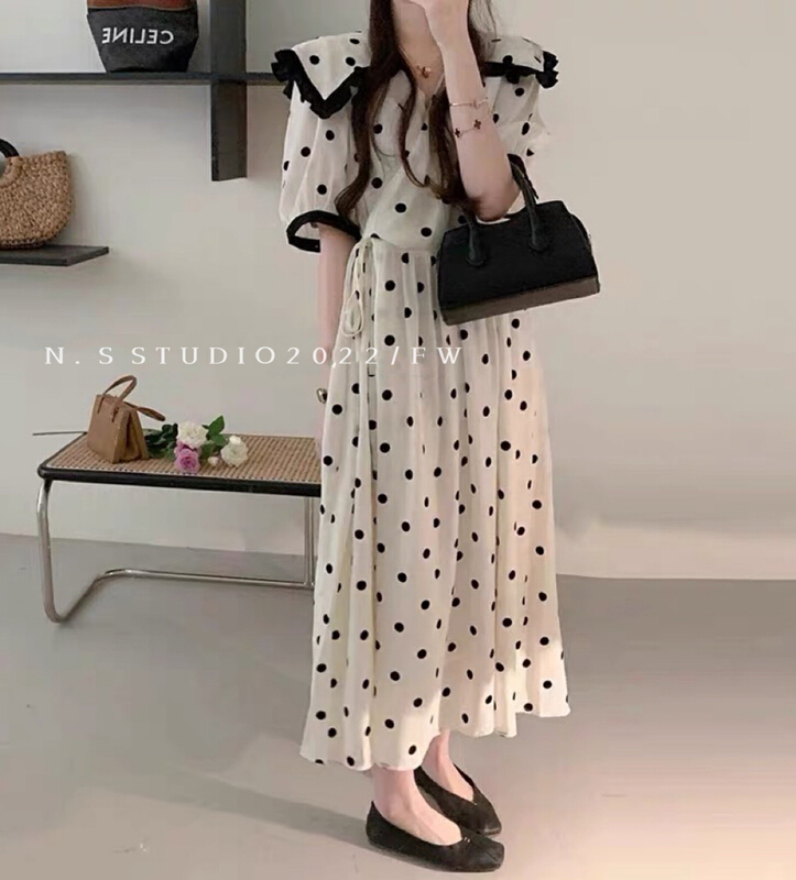 [N.S] temperament lady lotus leaf collar polka dot dress 813# WPL