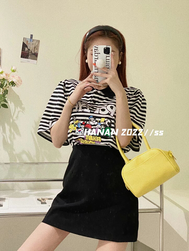 [Hanan] Korean loose large striped doll neck short sleeve T-shirt ys1-6150\lsl