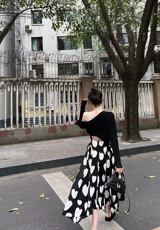 [mi ni] slim long sleeve knitting + suspender temperament personalized printed dress set 2928-1# PCZ