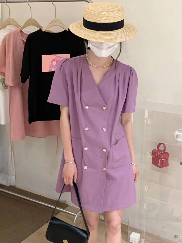 New in early summer! [RS] Korean double row button V-neck textured dress rs1659# XYY