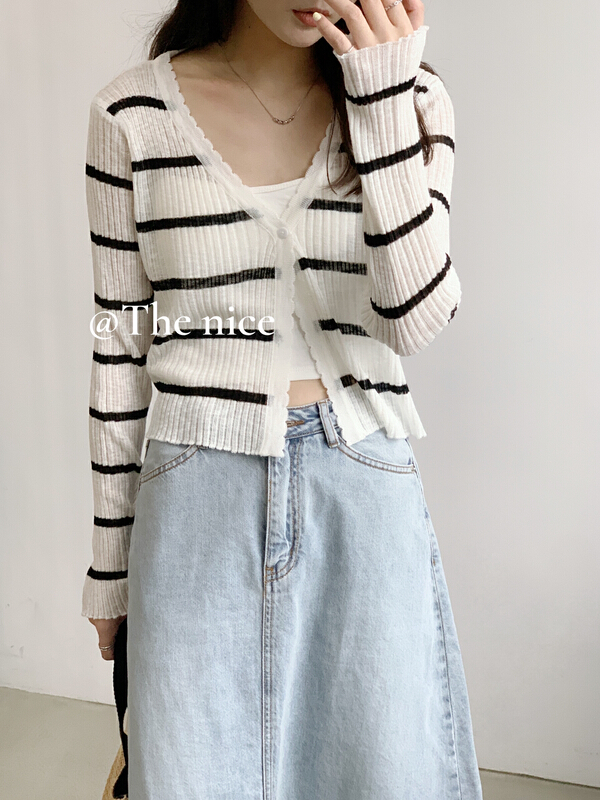 goods in stock! [the nice] stripe V-neck short long sleeve sunscreen shirt 00259# hjy