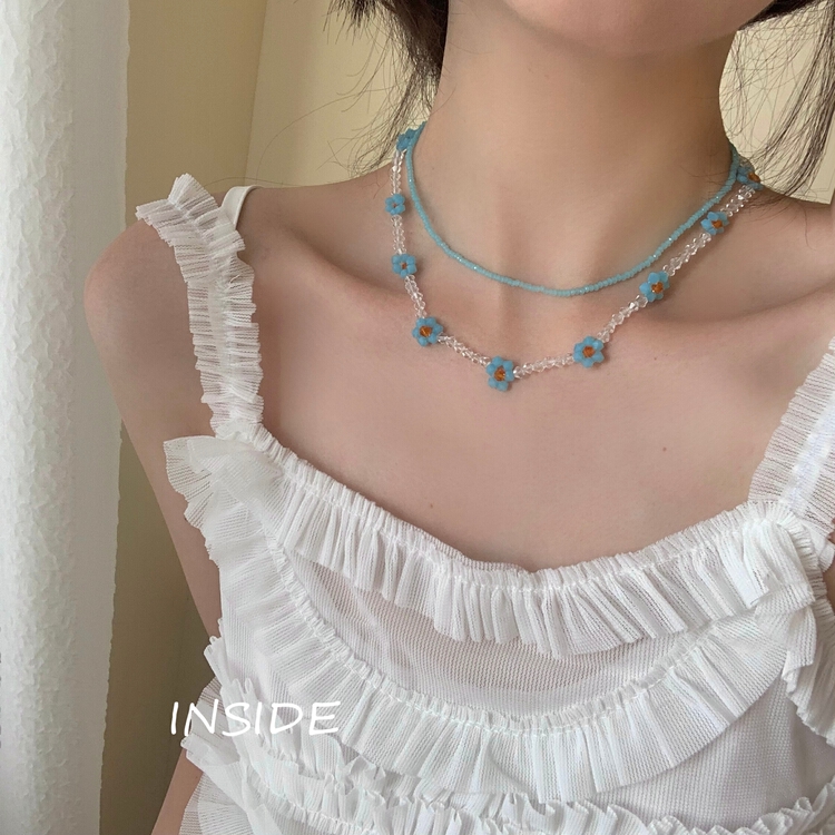 [inside] Korean version small fresh and sweet Crystal Beaded Flower short necklace x1146# zxl