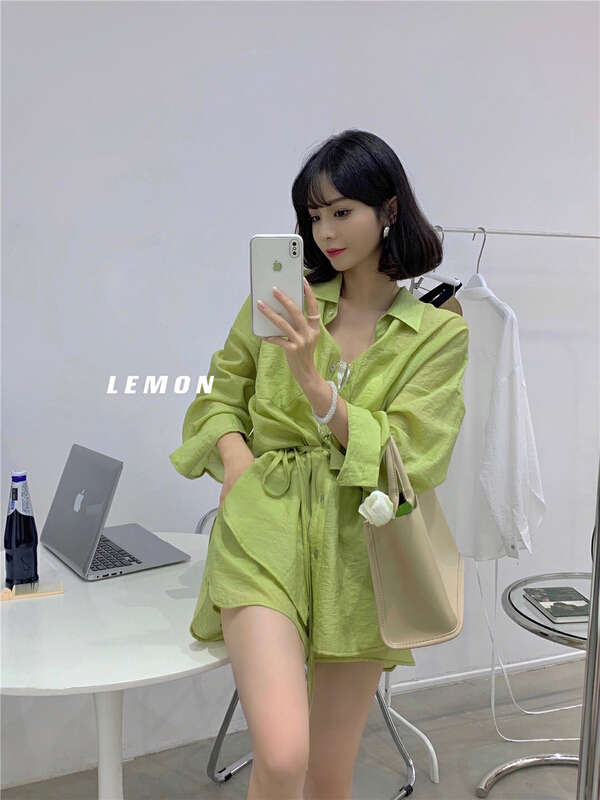 [lemon green tea] Korean version simple sunscreen shirt + elastic waist casual Shorts Set 2191# hjy